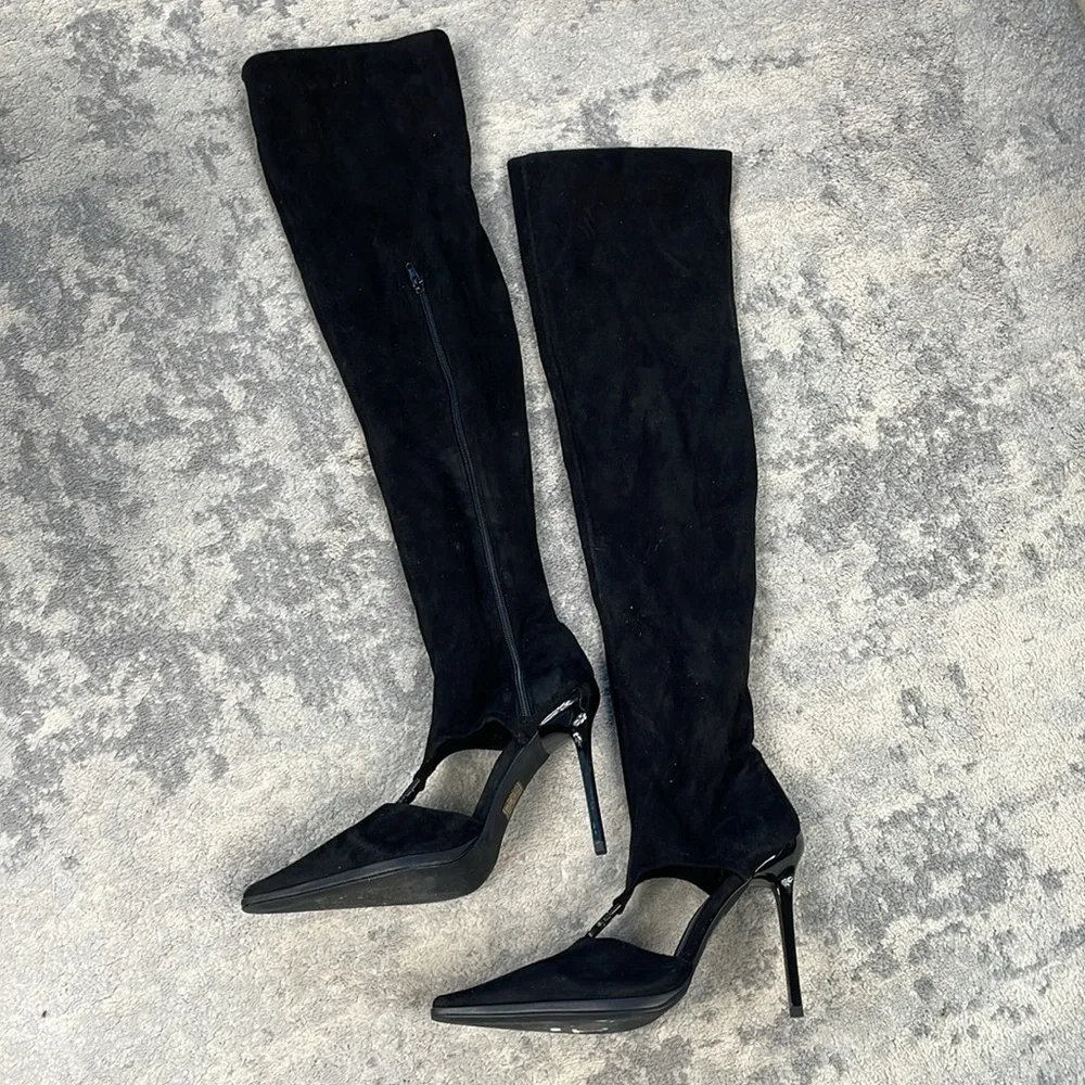 Jeffrey Campbell Vortexx Cut Out Over The Knee Boots Stiletto Pointed Toe Black